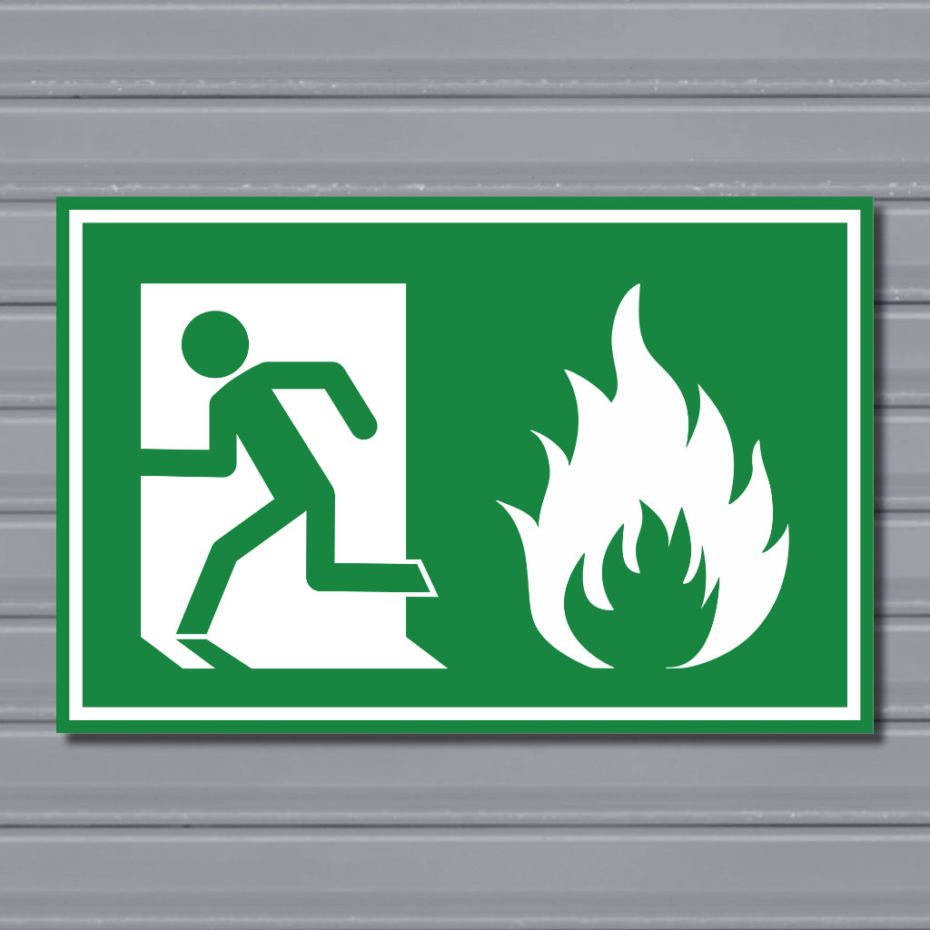 Emergency Fire Exit Sign – (Green, Fire 2, Run Left)