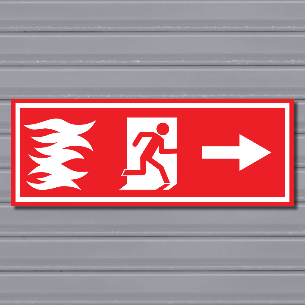 Emergency Fire Exit Sign – (Wide, Red, Fire 1, Run Right, Arrow)