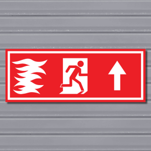 Emergency Fire Exit Sign – (Wide, Red, Fire 1, Run Right-Up, Arrow)