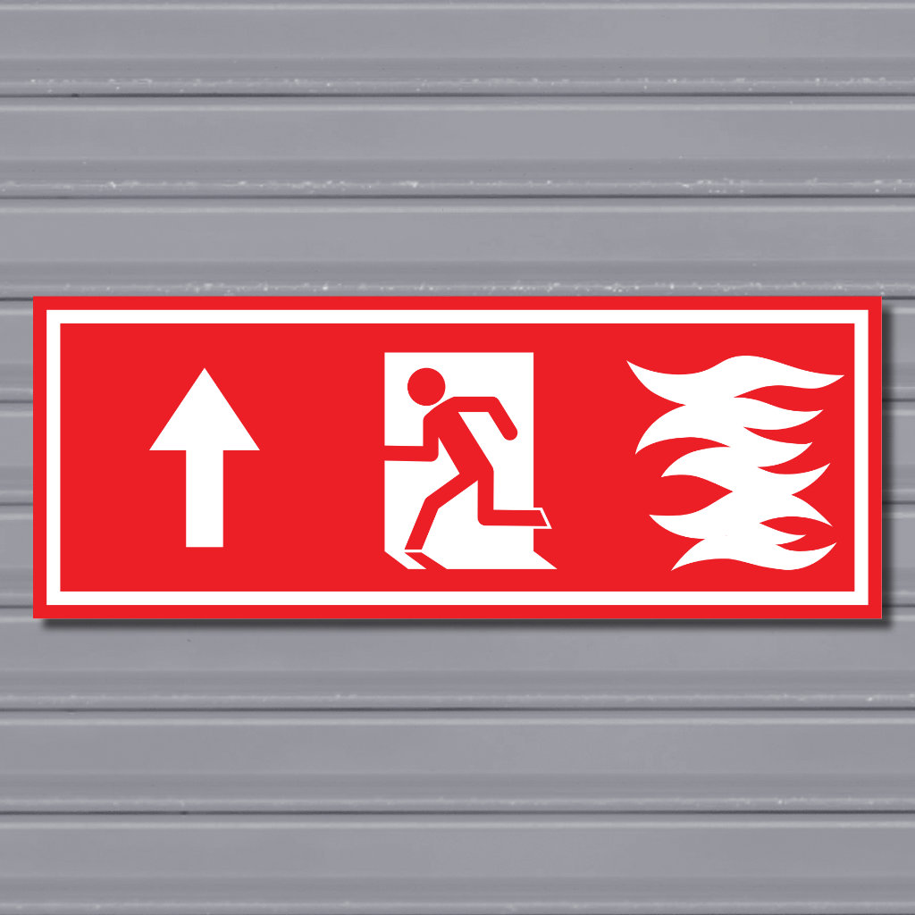 Emergency Fire Exit Sign – (Wide, Red, Fire 1, Run Left-Up, Arrow)