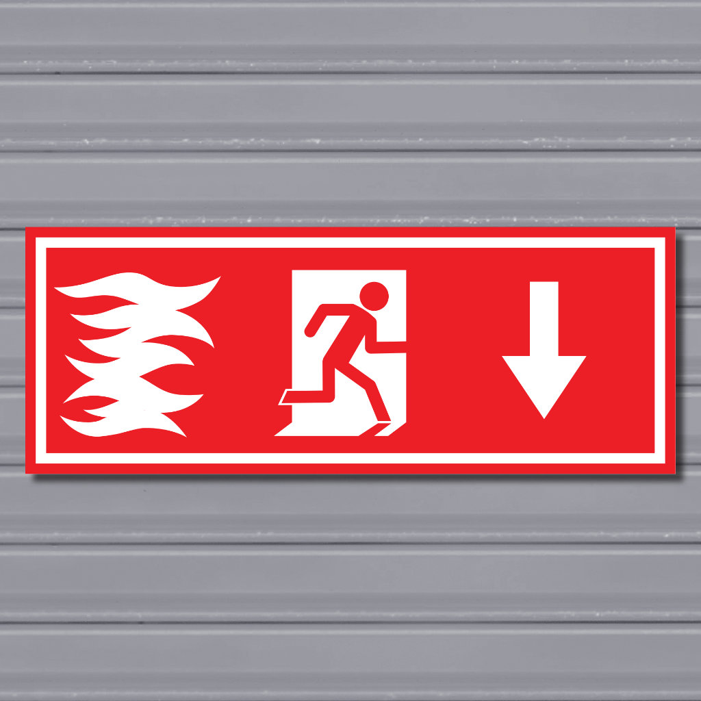 Emergency Fire Exit Sign – (Wide, Red, Fire 1, Run Right-Down, Arrow)
