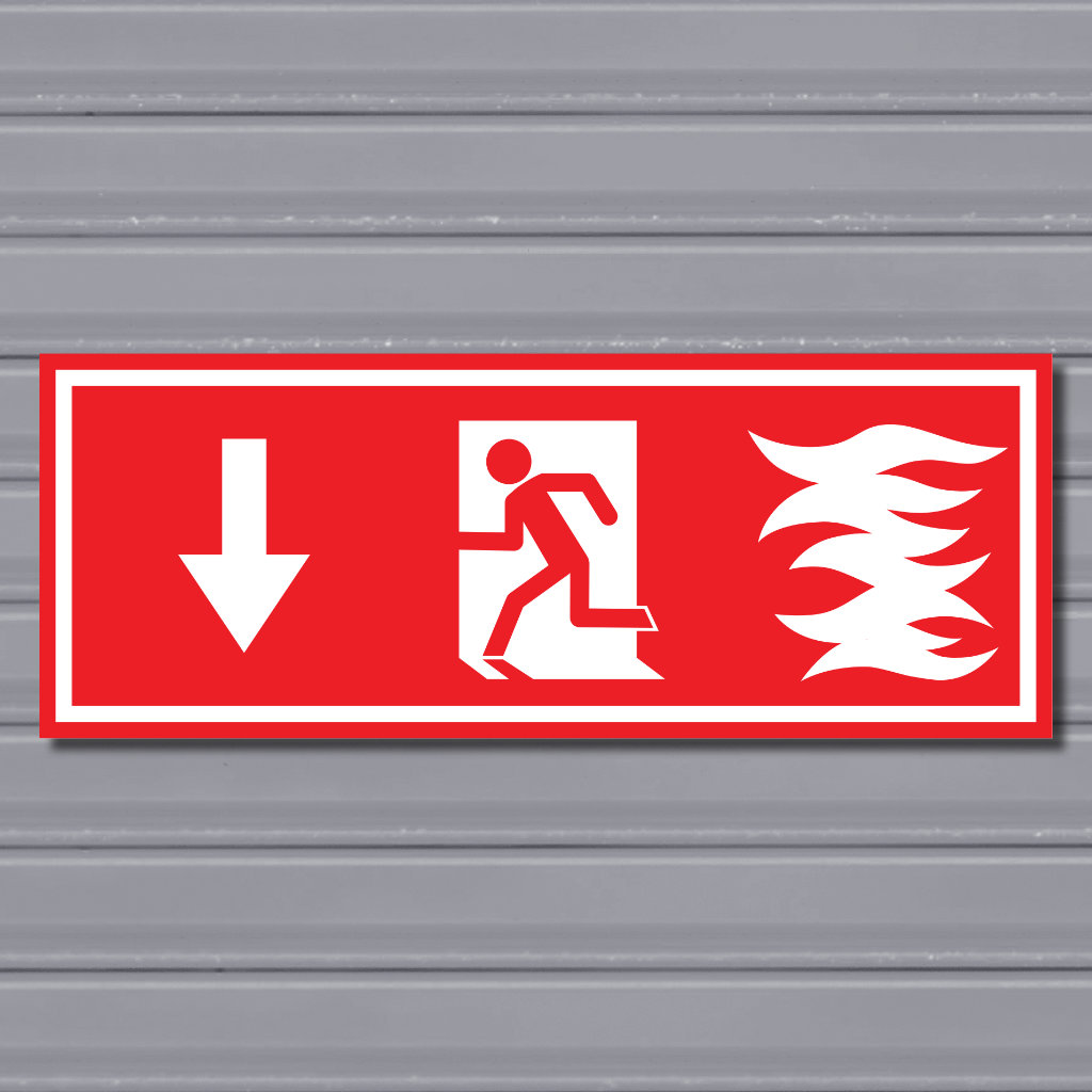 Emergency Fire Exit Sign – (Wide, Red, Fire 1, Run Left-Down, Arrow)