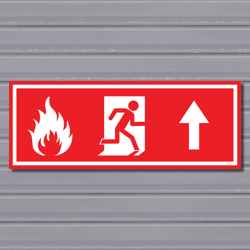 Emergency Fire Exit Sign – (Wide, Red, Fire 2, Run Right-Up, Arrow)