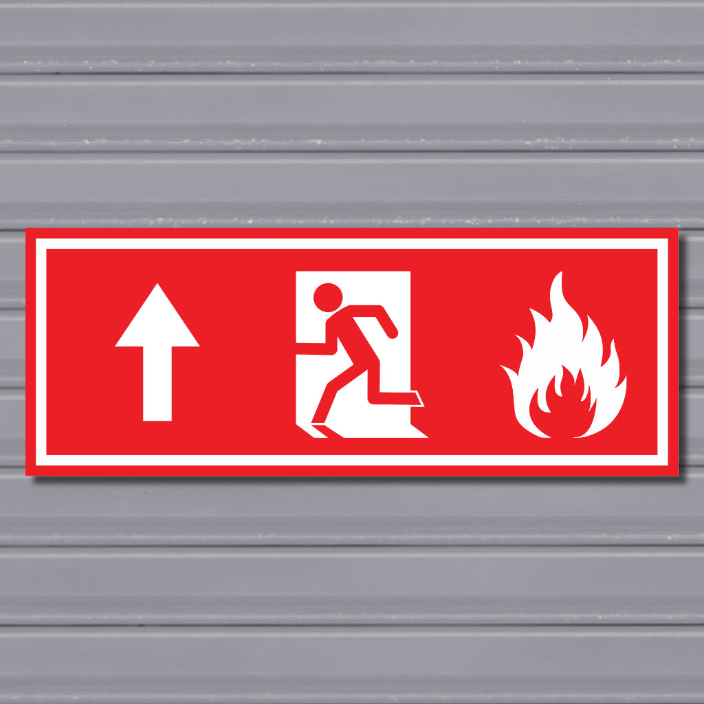 Emergency Fire Exit Sign – (Wide, Red, Fire 2, Run Left-Up, Arrow)