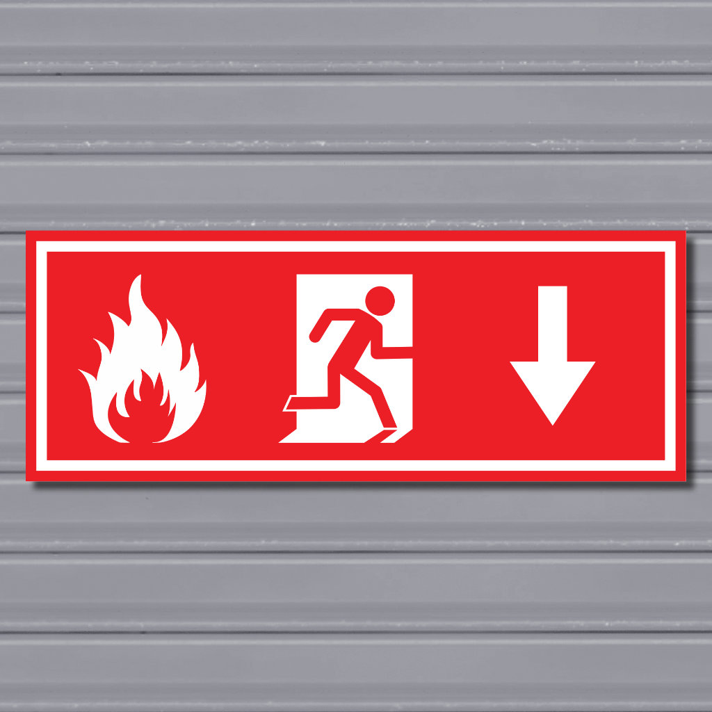 Emergency Fire Exit Sign – (Wide, Red, Fire 2, Run Right-Down, Arrow)