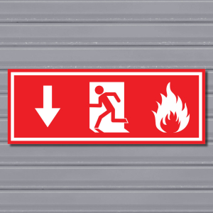 Emergency Fire Exit Sign – (Wide, Red, Fire 2, Run Left-Down, Arrow)