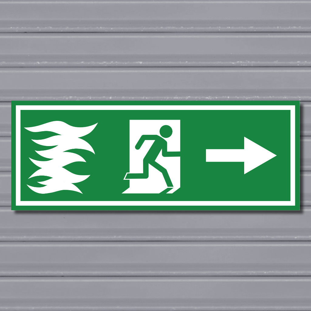 Emergency Fire Exit Sign – (Wide, Green, Fire 1, Run Right, Arrow)