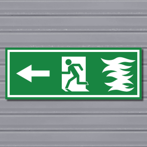 Emergency Fire Exit Sign – (Wide, Green, Fire 1, Run Left, Arrow)