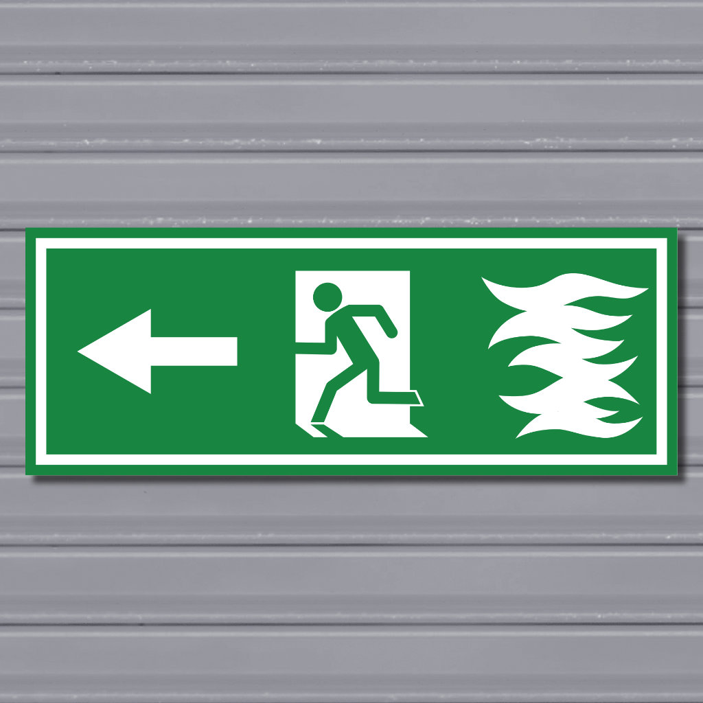 Emergency Fire Exit Sign – (Wide, Green, Fire 1, Run Left, Arrow)
