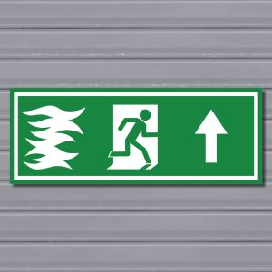 Emergency Fire Exit Sign – (Wide, Green, Fire 1, Run Right-Up, Arrow)