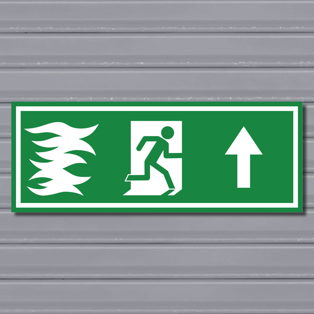 Emergency Fire Exit Sign – (Wide, Green, Fire 1, Run Right-Up, Arrow)
