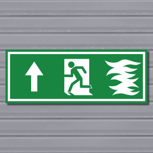 Emergency Fire Exit Sign – (Wide, Green, Fire 1, Run Left-Up, Arrow)