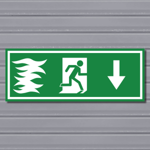Emergency Fire Exit Sign – (Wide, Green, Fire 1, Run Right-Down, Arrow)