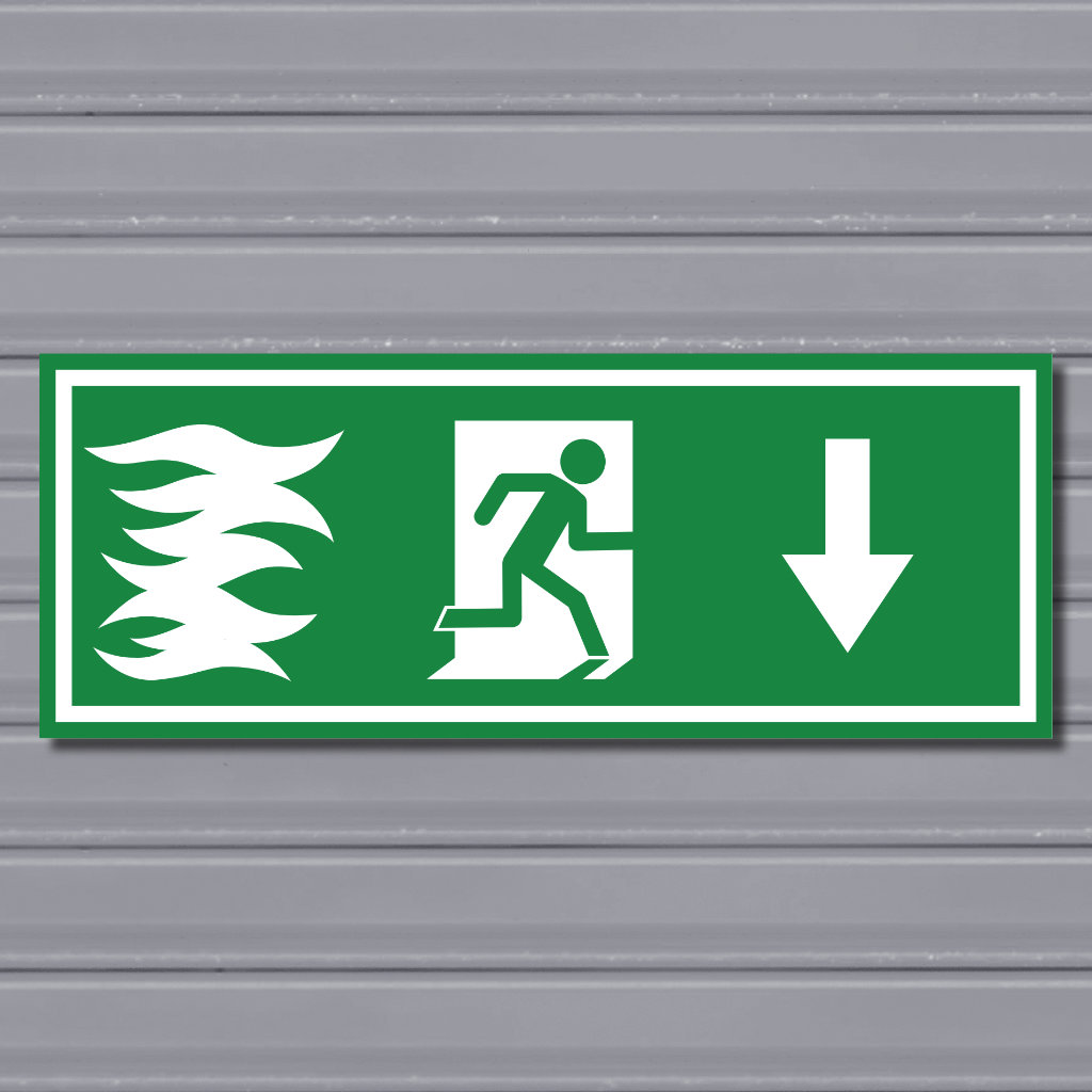 Emergency Fire Exit Sign – (Wide, Green, Fire 1, Run Right-Down, Arrow)