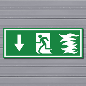 Emergency Fire Exit Sign – (Wide, Green, Fire 1, Run Left-Down, Arrow)