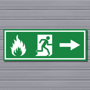 Emergency Fire Exit Sign – (Wide, Green, Fire 2, Run Right, Arrow)