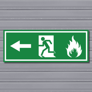Emergency Fire Exit Sign – (Wide, Green, Fire 2, Run Left, Arrow)