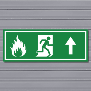 Emergency Fire Exit Sign – (Wide, Green, Fire 2, Run Right-Up, Arrow)
