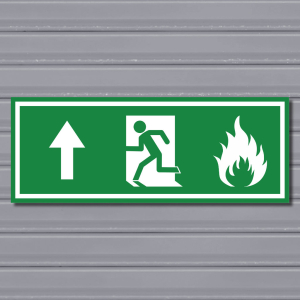 Emergency Fire Exit Sign – (Wide, Green, Fire 2, Run Left-Up, Arrow)