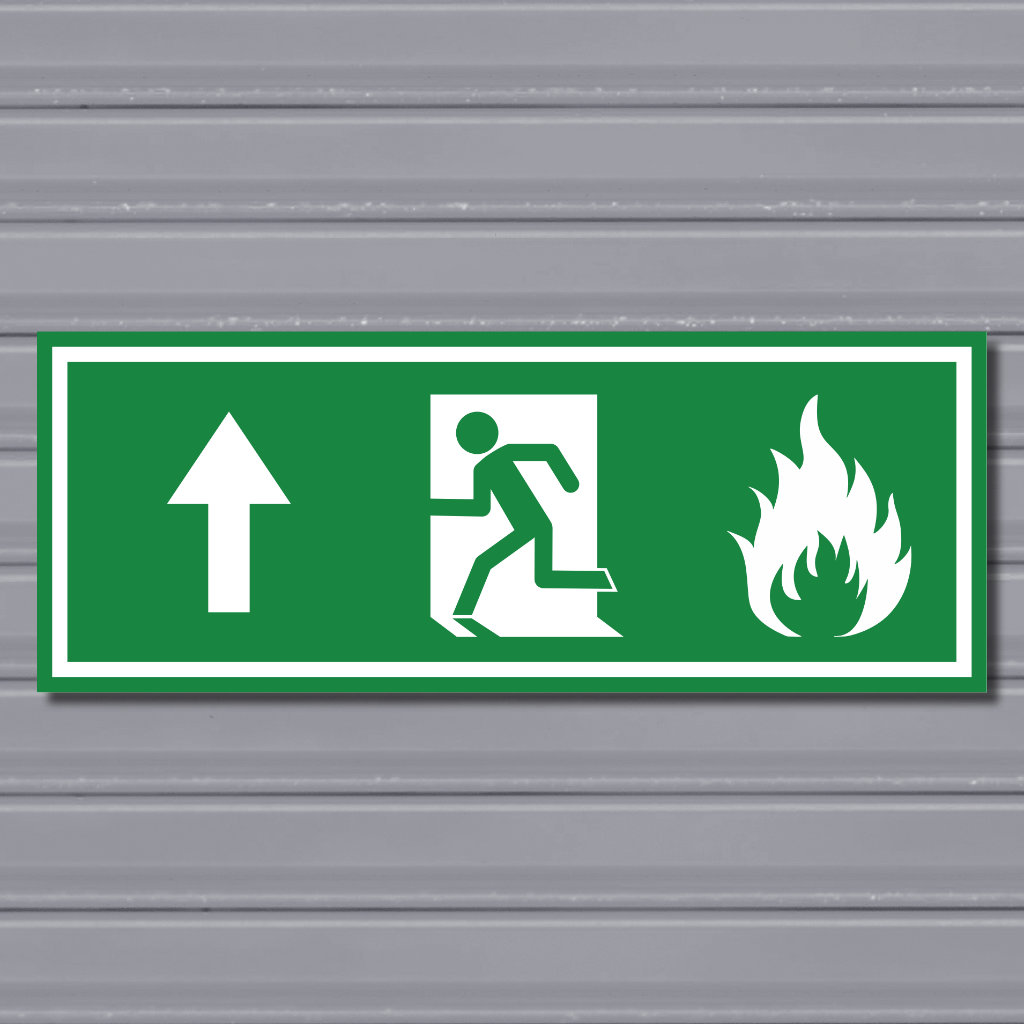 Emergency Fire Exit Sign – (Wide, Green, Fire 2, Run Left-Up, Arrow)