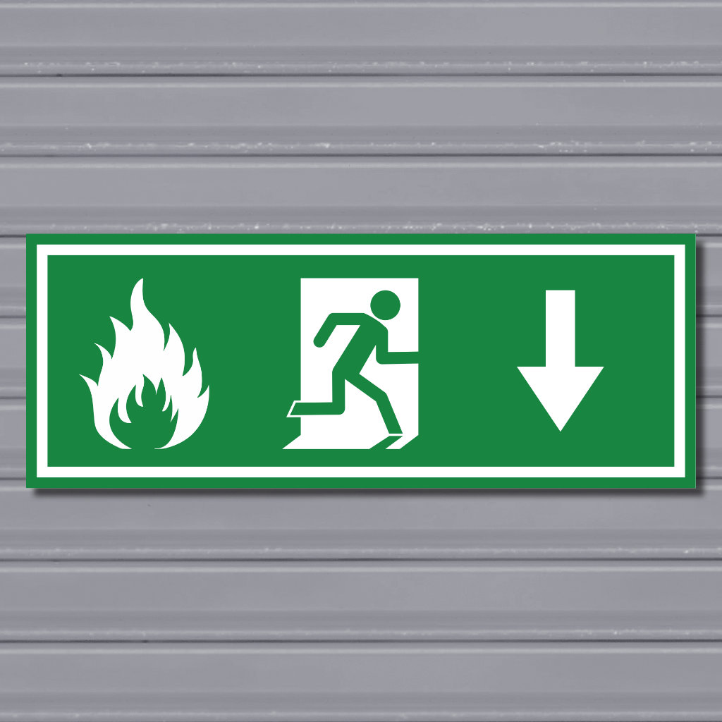 Emergency Fire Exit Sign – (Wide, Green, Fire 2, Run Right-Down, Arrow)