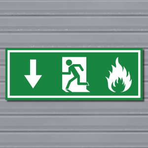 Emergency Fire Exit Sign – (Wide, Green, Fire 2, Run Left-Down, Arrow)