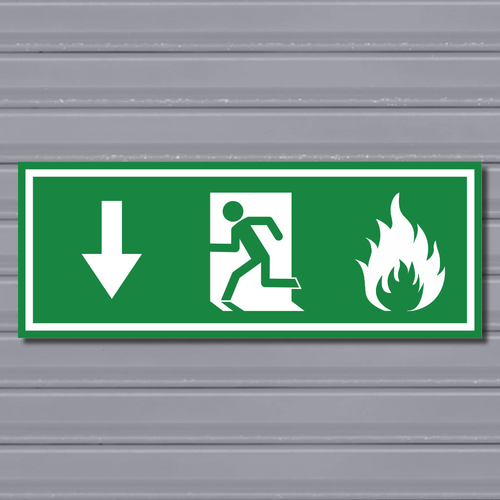 Emergency Fire Exit Sign – (Wide, Green, Fire 2, Run Left-Down, Arrow)