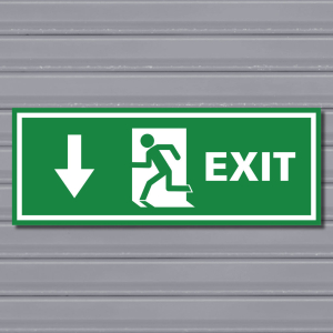 Emergency Exit Sign – (Wide, Green, Run Left-Down, Arrow)