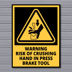 Warning Risk of Crushing Hand in Press Brake Tool – Hazard Safety Sign